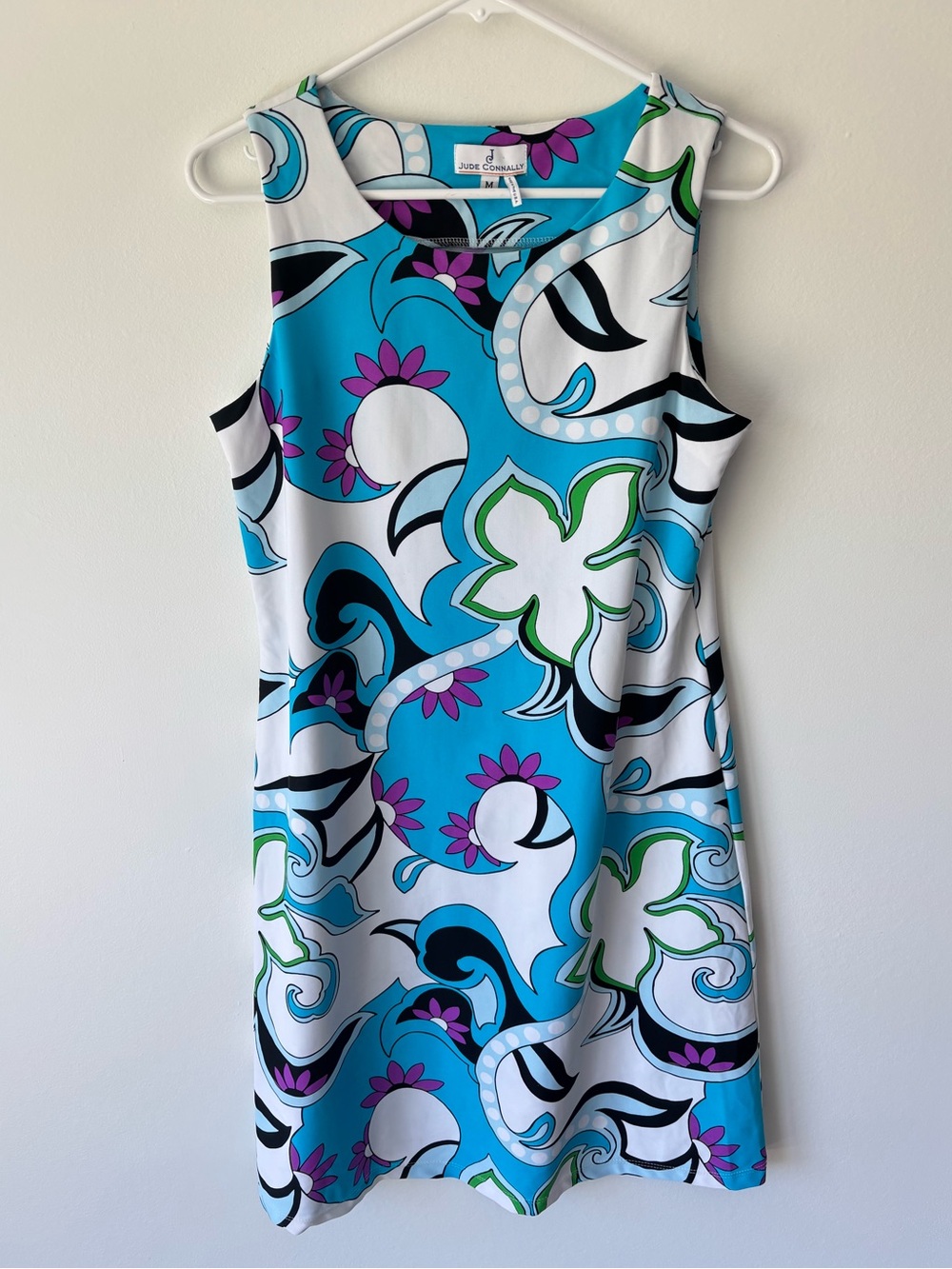 Jude Connally Sleeveless Sheath Mini Dress Blue White Purple Abstract Floral